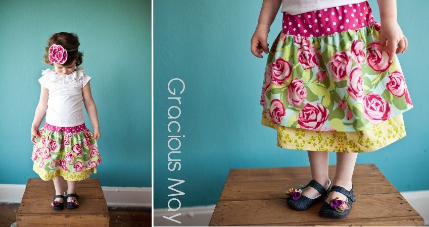 Gracious May Girls Garden Party Skirt - Tumble Rose Aqua Teal Blue Fuchsia Dots Photography Birthday Party