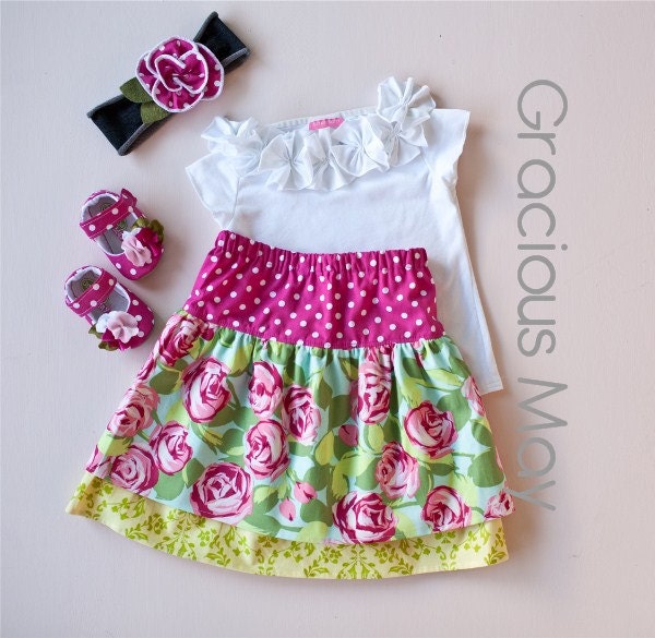 Gracious May Girls Garden Party Skirt - Tumble Rose Aqua Teal Blue Fuchsia Dots Photography Birthday Party