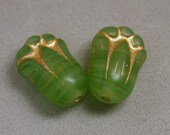 Vintage Glass Beads GREEN ETCHED GOLD Flowers 11mm pkg2 gl762