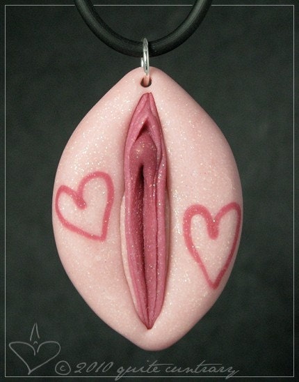 De Tout Mon Coeur . With All My Heart . Sparkly Pink Vulva Pendant with Hearts . OOAK Sculpted Erotic Art . Adult Mature