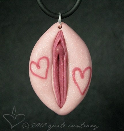 De Tout Mon Coeur . With All My Heart . Sparkly Pink Vulva Pendant with Hearts . OOAK Sculpted Erotic Art . Adult Mature