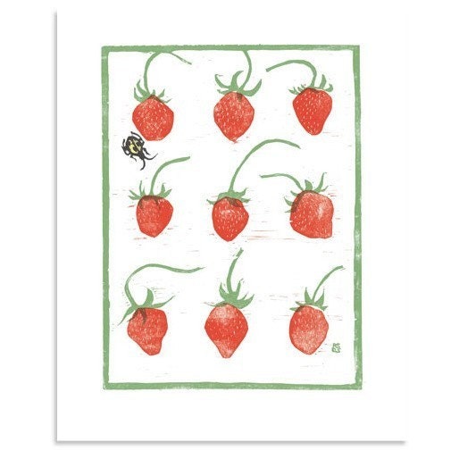 French Strawberries reproduction block print
