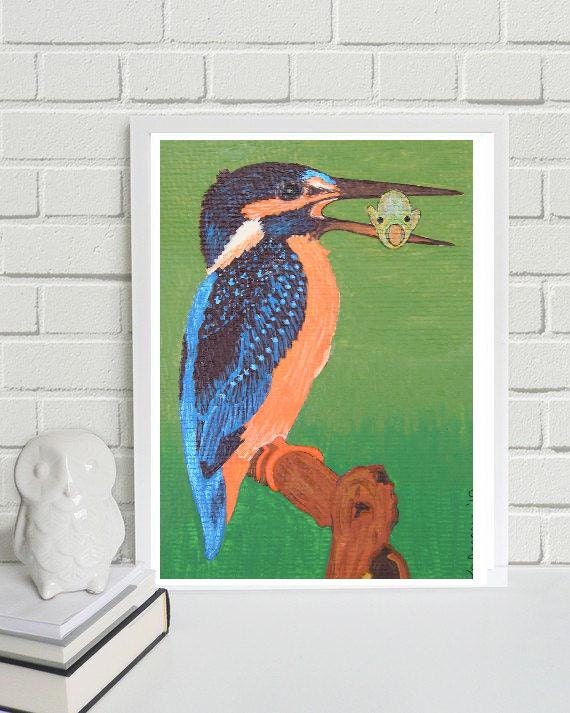Kingfisher Bert with his favourite fish... original painting, 5,8"x 4,1", 14,8 x 10,5 cm, acrylic, gouache, paper, bird, animal, fantasy