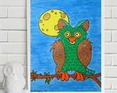 Handsome Alfred - the Owl... original painting, 4,1"x 5,8", 10,5 x 14,8 cm, gouache, ink, paper, bird, owl, fantasy