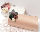 Rustic Chic Woodland Feather Cottage Country Chic Bridal Clutch or Bridesmaid Clutch - Champagne Ivory Green Brown Cream