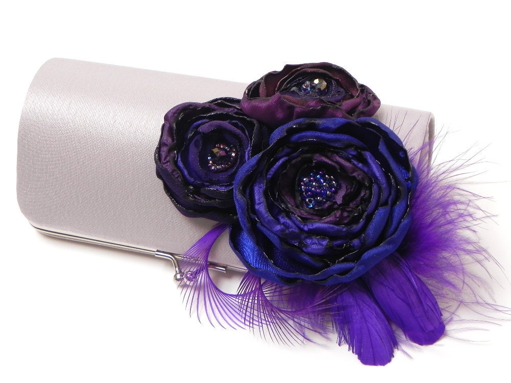 Silver & Purple Feather Clutch - Feather Bridal Clutch - Bridesmaid Clutches - Purple Violet Eggplant Plum Royal Flowers- Purple Feathers