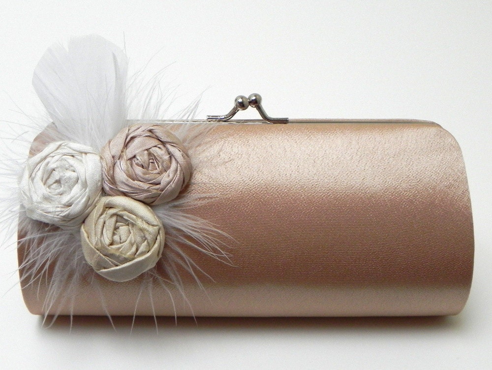 Feather Bridal Clutch or Bridesmaid Clutch  - Kisslock Snap Petite Cocktail Peacock Feather Clutch - Dark Champagne Latte