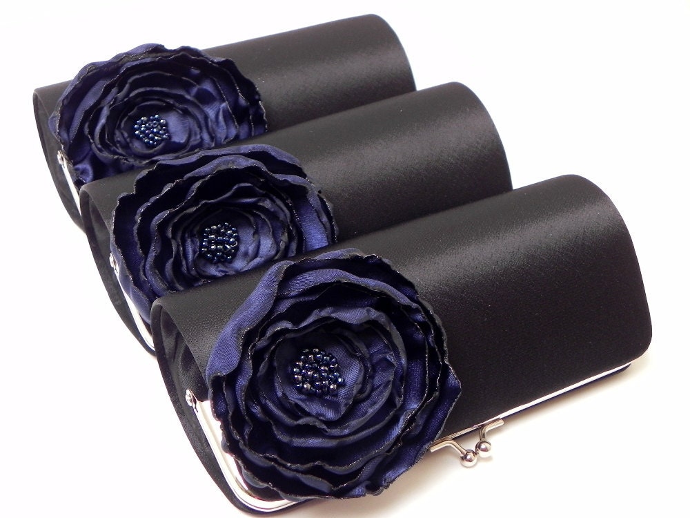 Black Clutch with Navy Blue Flower - Bridesmaid Clutch - Kisslock Snap Petite Bouquet Clutch - Navy Blue Flower Bloom - Set of 3 Clutches