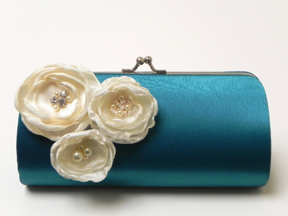 Bridesmaid Clutch Teal Clutch - Bridal Clutch - Kisslock Snap Bouquet Clutch - Ivory Flower Blossoms with Rhinestones