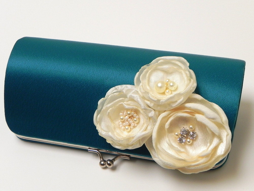 Teal Clutch - Bridal Clutch - Bridesmaid Clutch Set - Kisslock Snap Bouquet Clutch - Ivory Flower Blossoms with Rhinestones