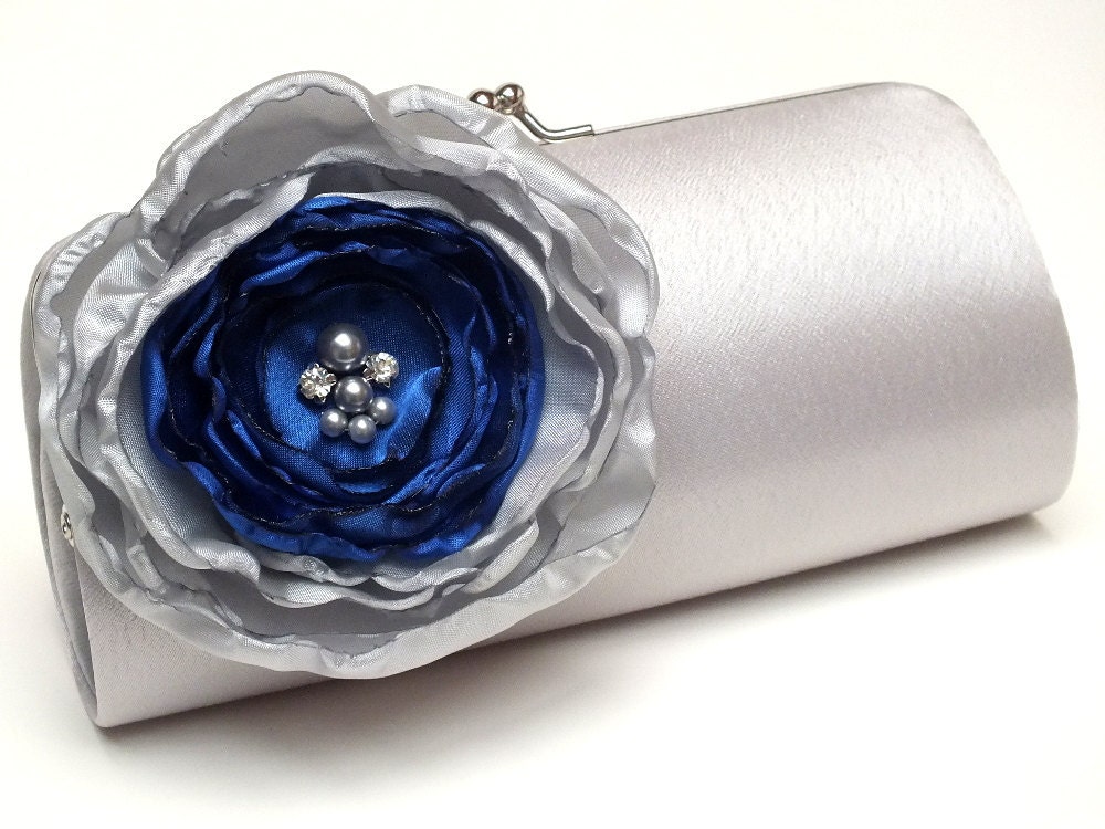 Silver & Royal Blue Bridal Clutch - Bridesmaid Clutch Rhinestones Pearls Kisslock Silver Clutch Ivory Flower - FallenSparrow