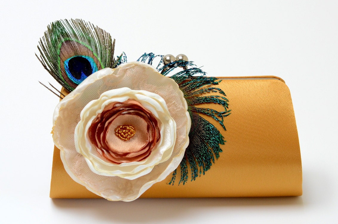 Vintage Gold Clutch - Feather Bridal Clutch - Bridesmaid Clutch - Lace Ivory Vanilla Gold Flower -Peacock Feathers - Medium Size