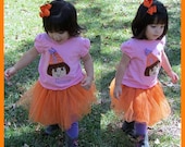 CUSTOM Dora Birthday outfit with , appliqued shirt, skirt, Bib and Hair Bow