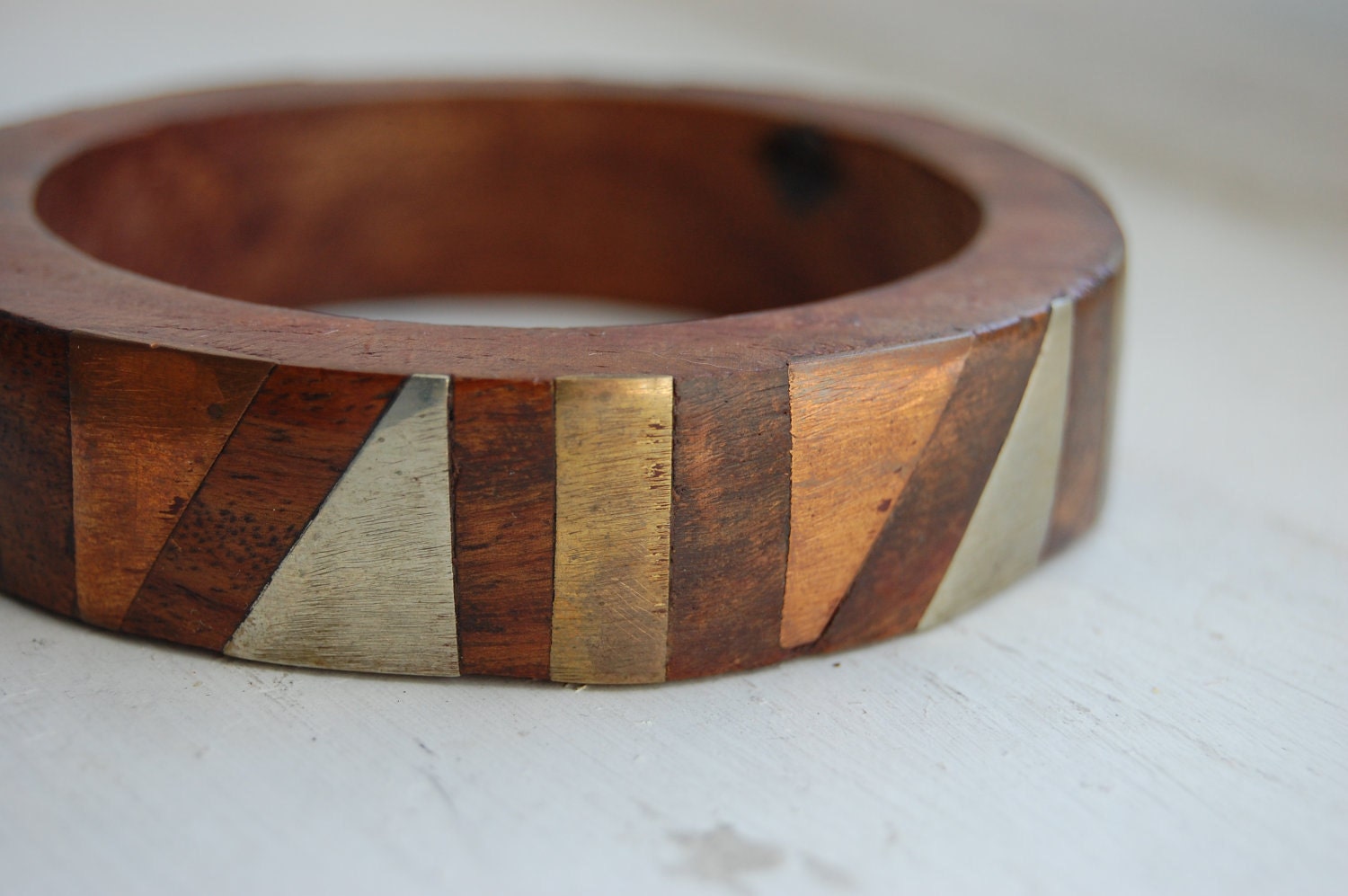 Vintage 1970s Geometric Patina Wood Bangle Bracelet