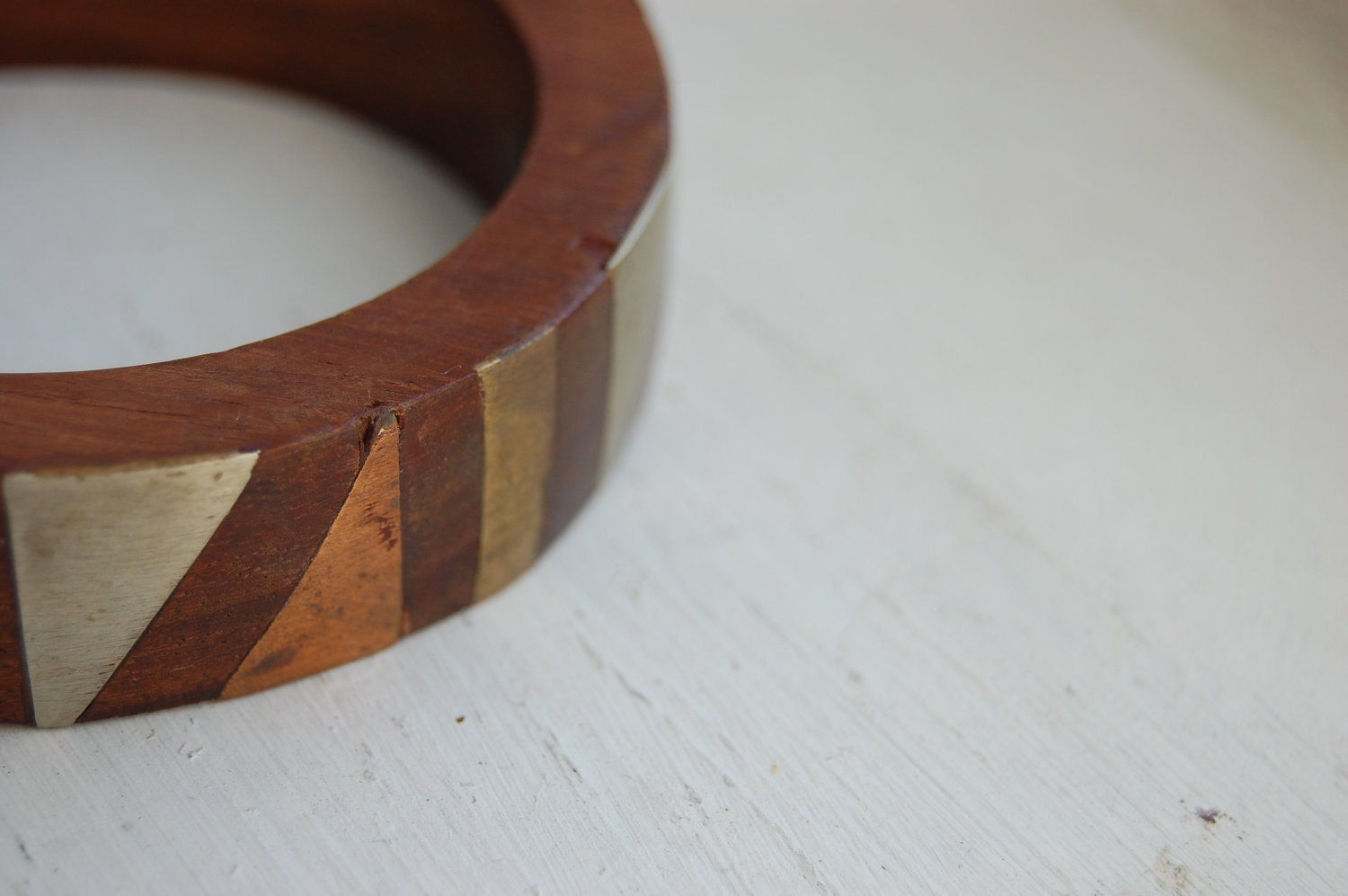 Vintage 1970s Geometric Patina Wood Bangle Bracelet