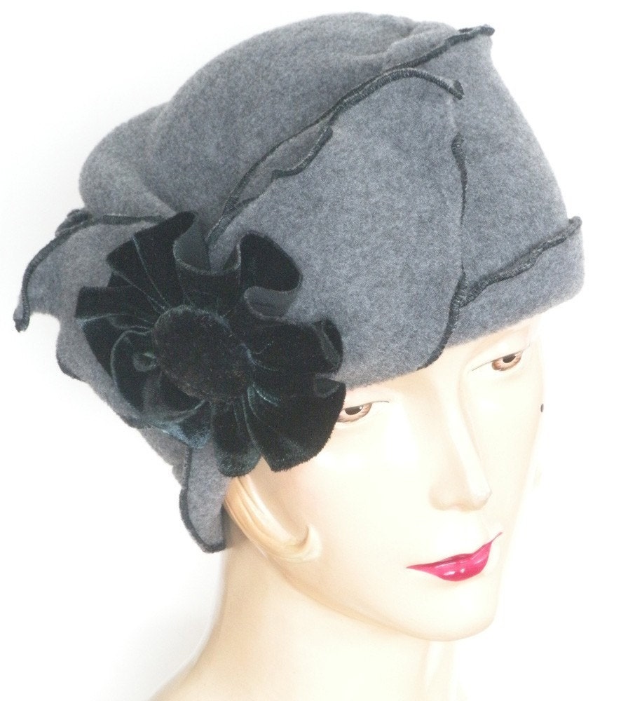 Turban Flapper Hat,    Grey Polar Fleece Ladies Cloche Hat ,  Velvet Flower,  Brooke