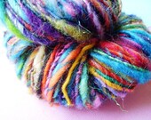 SALE SALE SALE   ignite the course...............90mtr or 100 yds handspun woollen yarn, purple, grey, white, pink, green, blue rainbow and sparkly