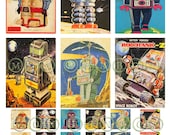 Vintage Sci Fi Retro Robots No. 2 Digital Download Collage Sheet  1x, 1x2 and atc sized- DIY You Print - INSTANT DOWNLOAD
