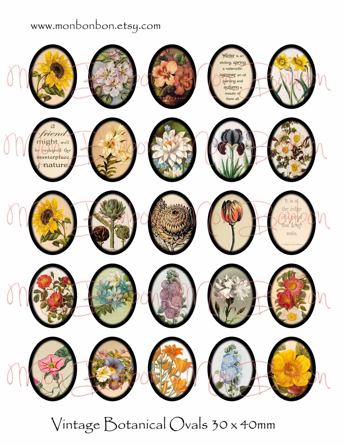 Vintage Botanical Floral Collage Sheet-  sized 30x40 mm Ovals - Digital you Print jewelry supplies - INSTANT DOWNLOAD