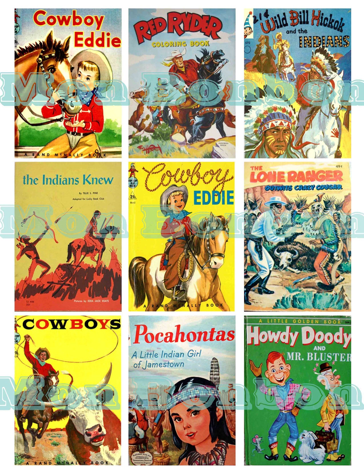 Digital Collage Sheet of Vintage and Retro Cowboys and Indians Childrens Book Images for your artwork, atcs, card making, tags, scrapbooking