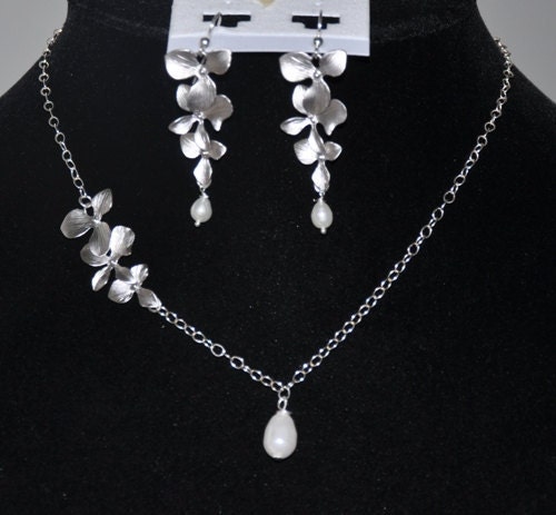 Sterling silver chain necklace and earring set- orchid flowers, sterling silver, pearls- bridal jewelry