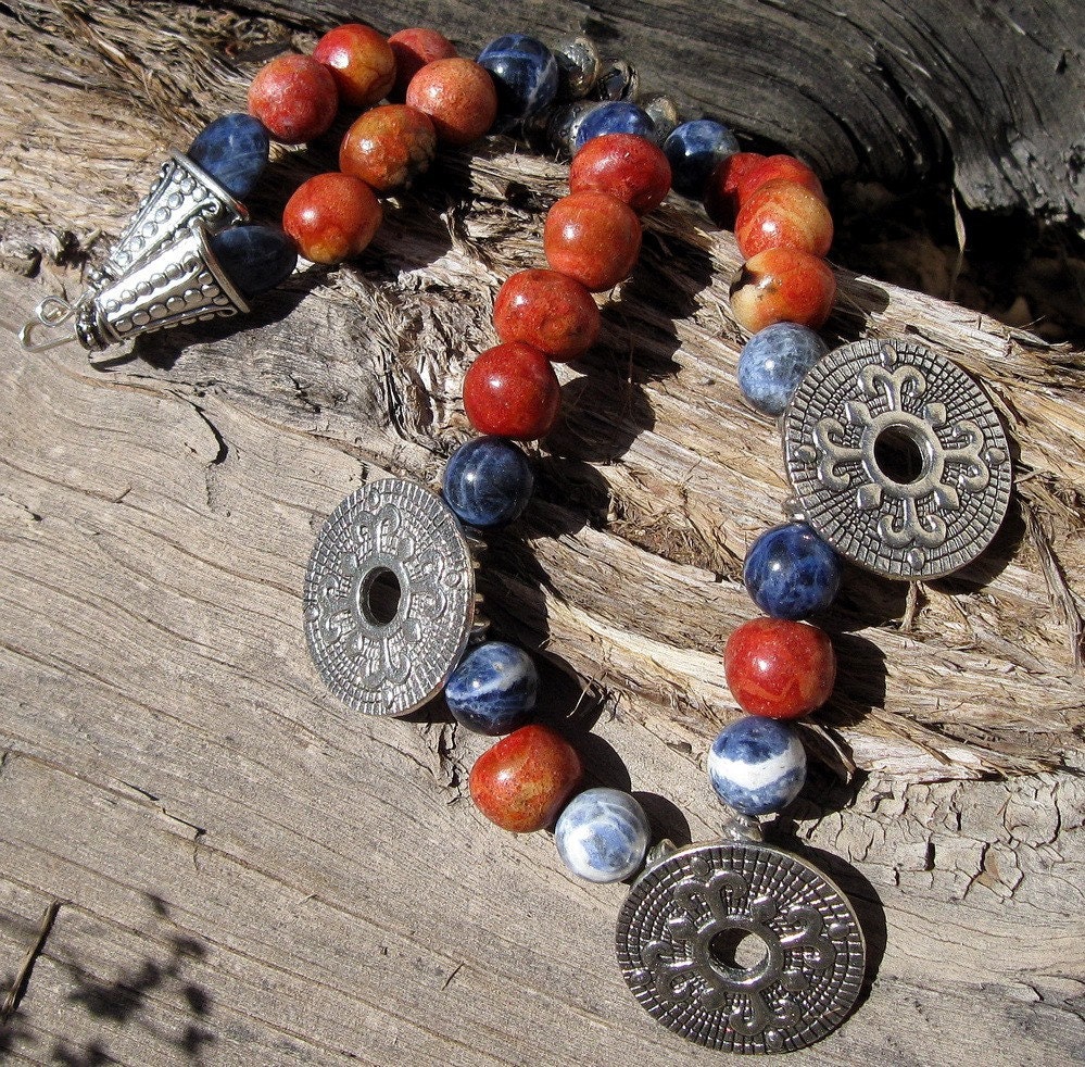 Apple Coral and Sodalite Beaded Tibetan Necklace