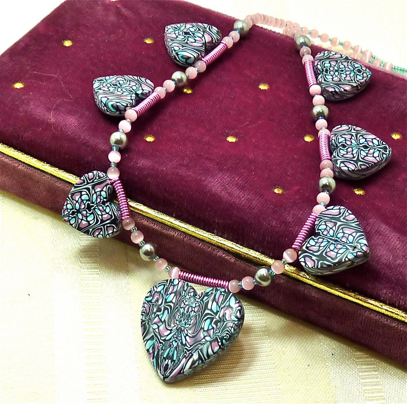 Reversible Necklace with Hearts in Pink and Turquoise Polymer Clay