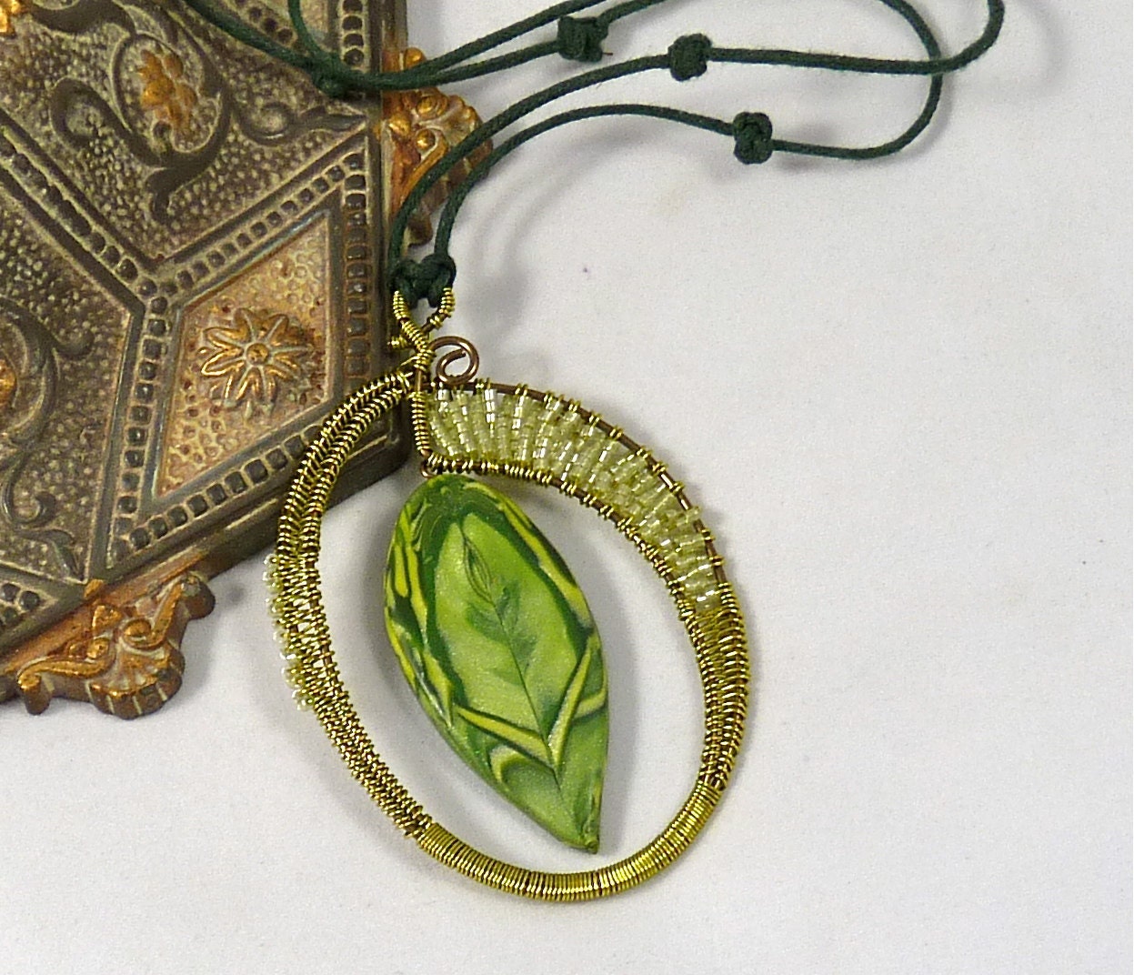 Green Leaf Polymer Clay and Wire Work Necklace