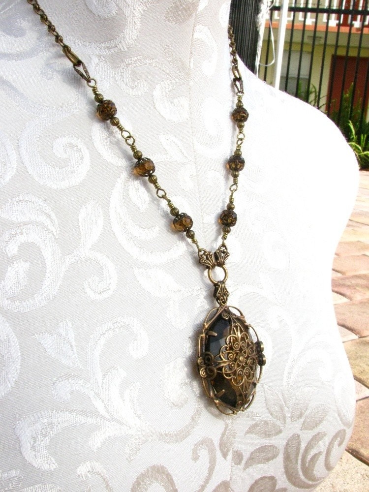 Filigree Pendant Necklace with Faux Smokey Quartz Jewel