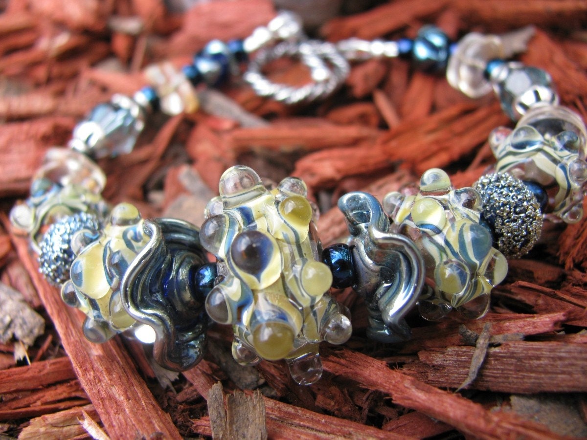 Yellow and Blue Lampwork Bracelet with Citrine and Montana Blue Swarovski Crystals