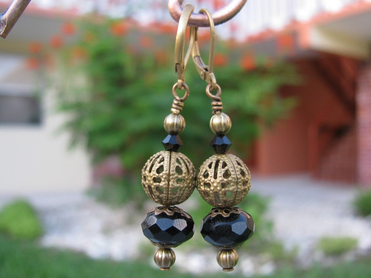 Brass Filigree Earrings with Jet Swarovski and Black Czech