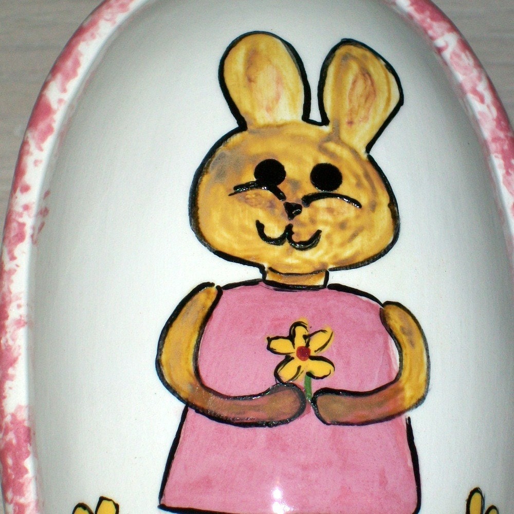Handmade Ceramic Oval Covered  Box with Bunny