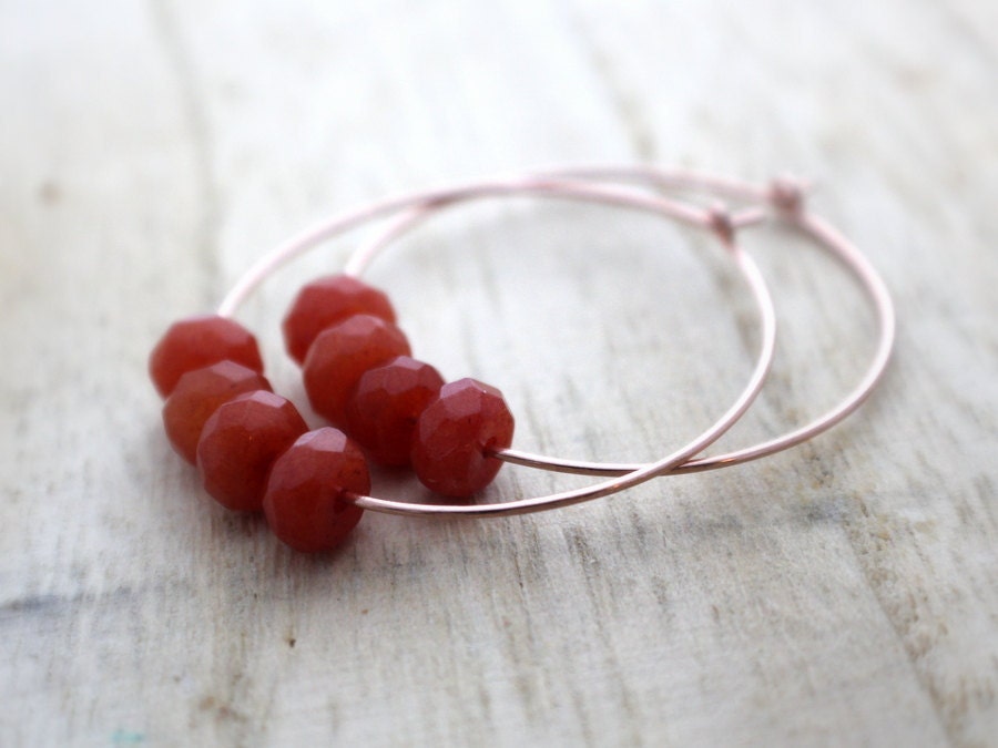 Rose Gold Hoops With Tangerine Jade - Hand Forged 14K Rose Gold Filled Gemstone Hoops, Orange Fashion