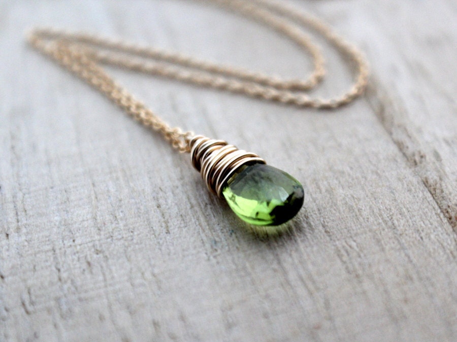 Peridot Necklace In 14K Gold Filled, Wire Wrapped August Birthstone, Apple Green Fall Fashion