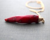 Red Coral Necklace, Wire Wrapped Raw Bamboo Coral Tooth In 14K Gold Filled, Tribal Fashion - Chipotle