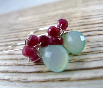 Aqua Chalcedony Ruby Wrapped Drops - Sterling Silver