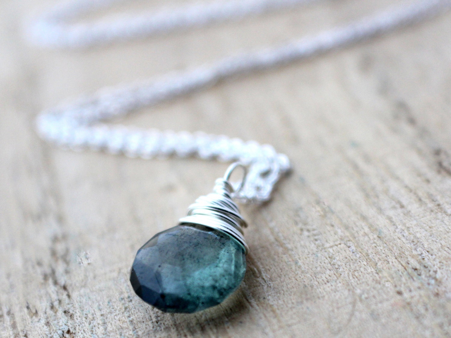 Moss Aquamarine Necklace - Wire Wrapped briolette In Sterling Silver March Birthstone, Ready To Ship