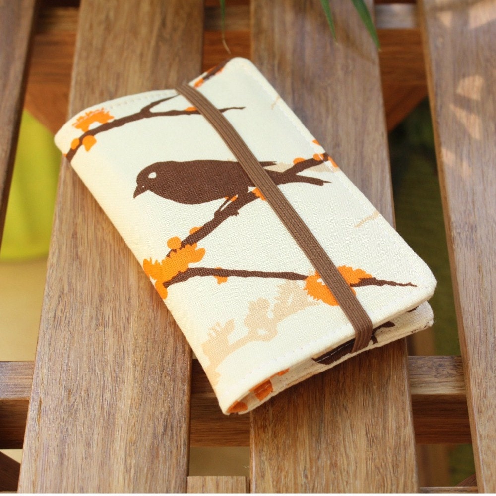 Smart Phone Wallet Or Cell Case in Brown Bird and Orange Cherry Blossom Print Fabric