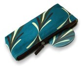 Sale - Teal, Brown, and Green Leaf Cosmetic Pouch with Matching Mirror