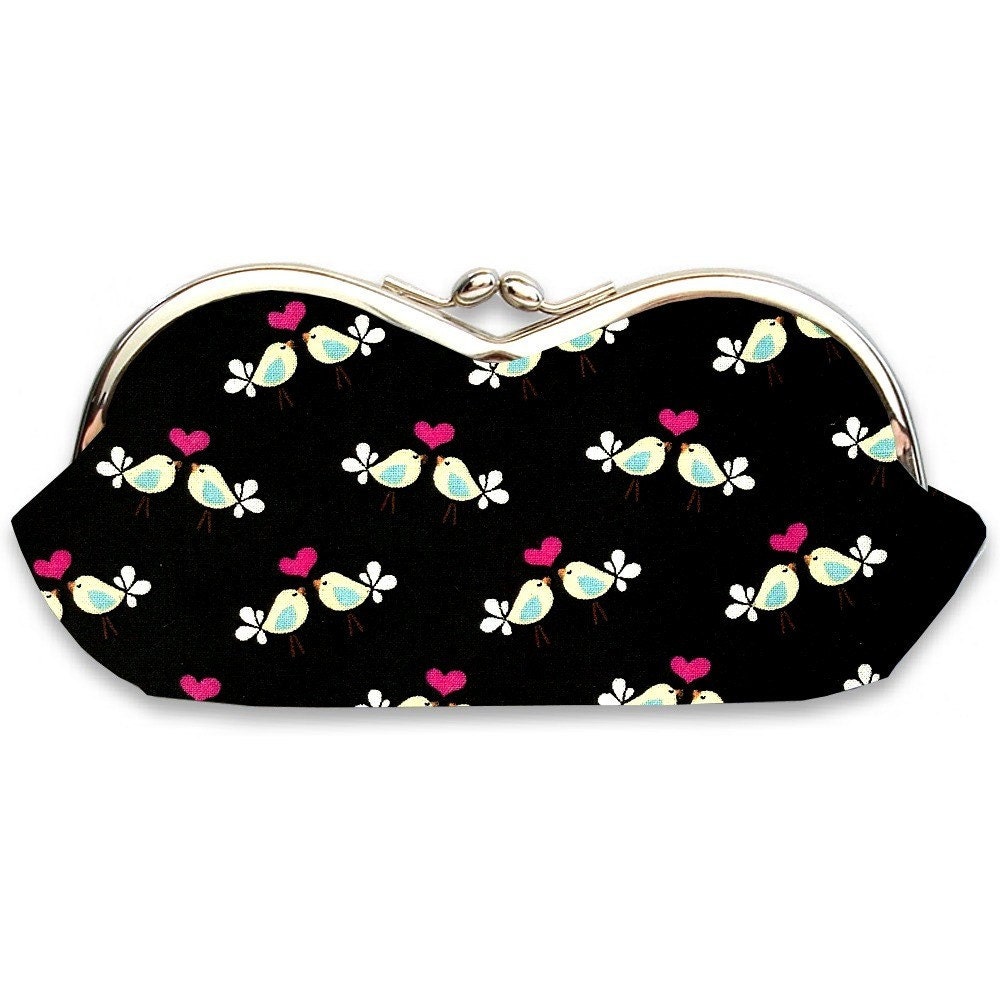 Bird Sunglasses Case - Sunglass Kisslock Clutch - Black, Pink, and Blue Little Love Birds and Hearts Frame Glass Case