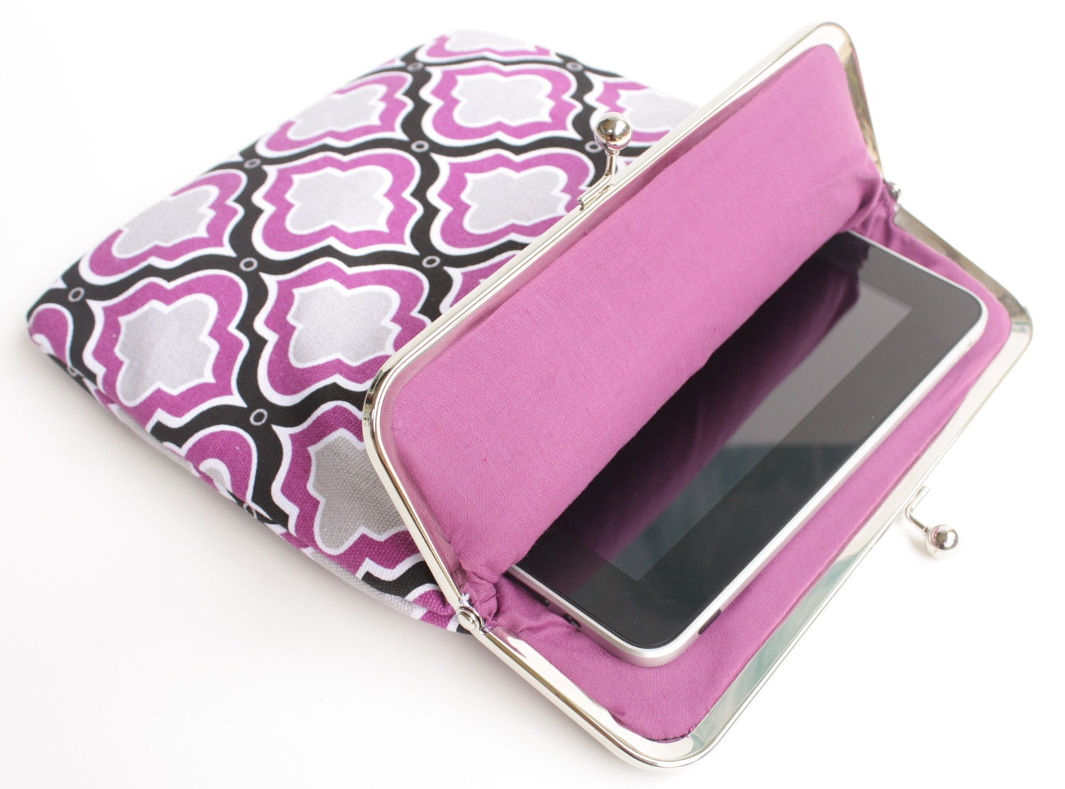 Purple Moroccan iPad Case or Sleeve with Kisslock Frame - iPad Case or Clutch - Notebook Clutch - Purple-Black-Gray Moroccan Print Canvas
