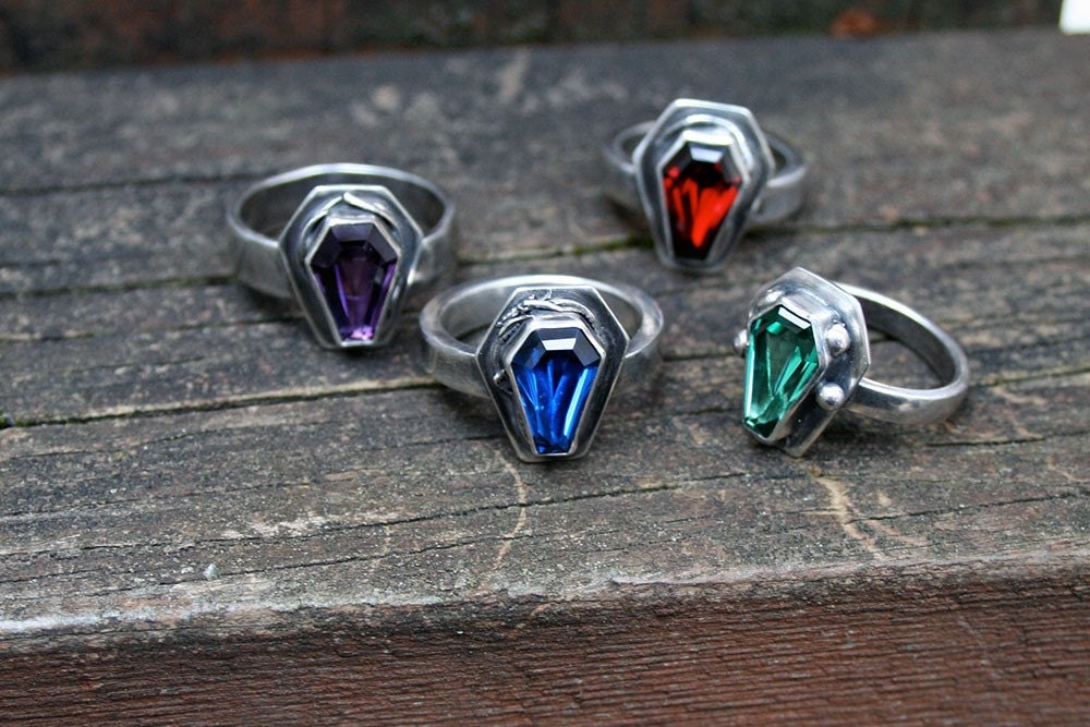 Custom color True Blood gemstone coffin ring sterling silver