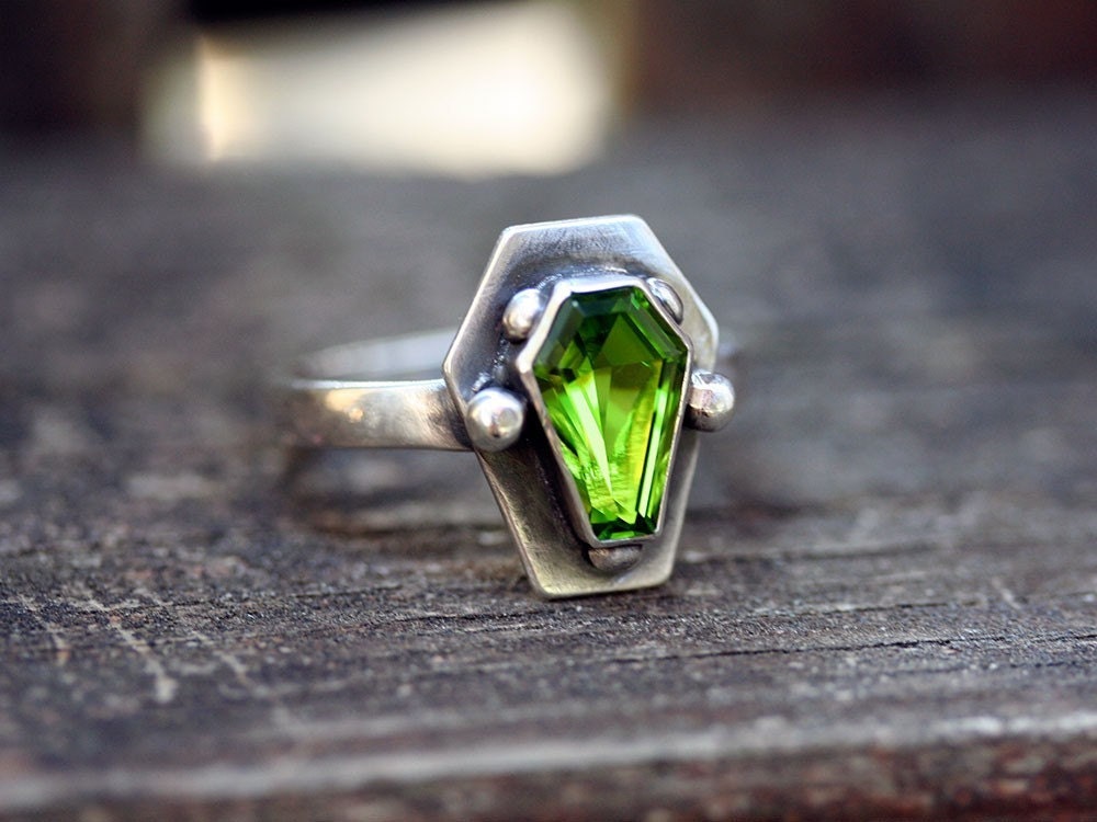 Custom color brilliant gemstone coffin ring sterling silver