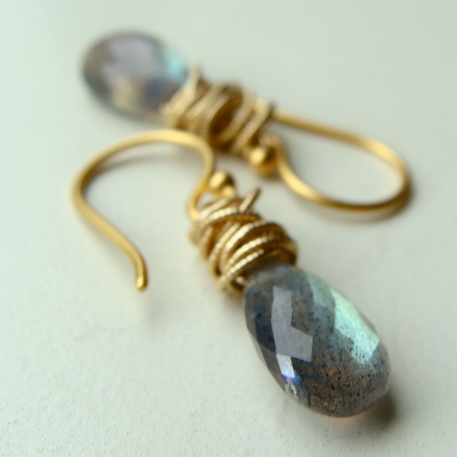 Tidal Earrings with Labradorite Wire Wrapped in Gold
