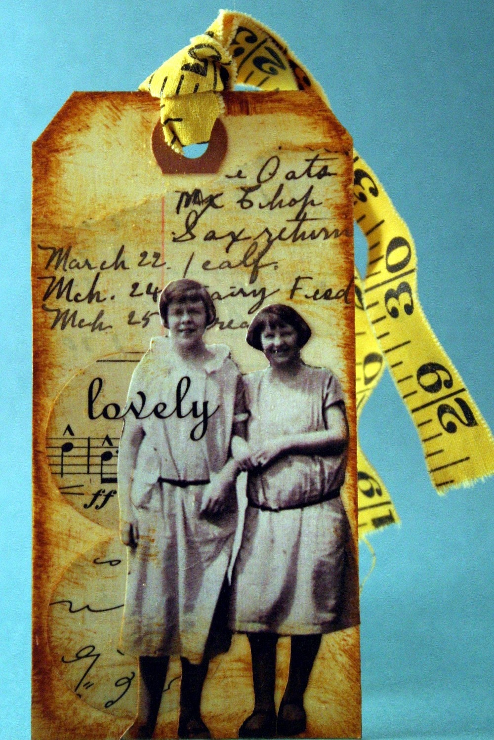 Altered Art Tag with Lovely Ladies, in Sepia, Ochre, Black, Vintage Style- Lovely