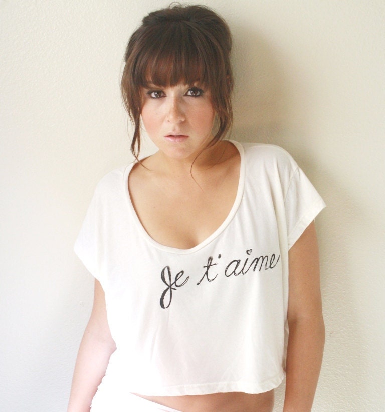 Loose Crop Top French Quote. "Je T'Aime" in Creme/ONE SIZE