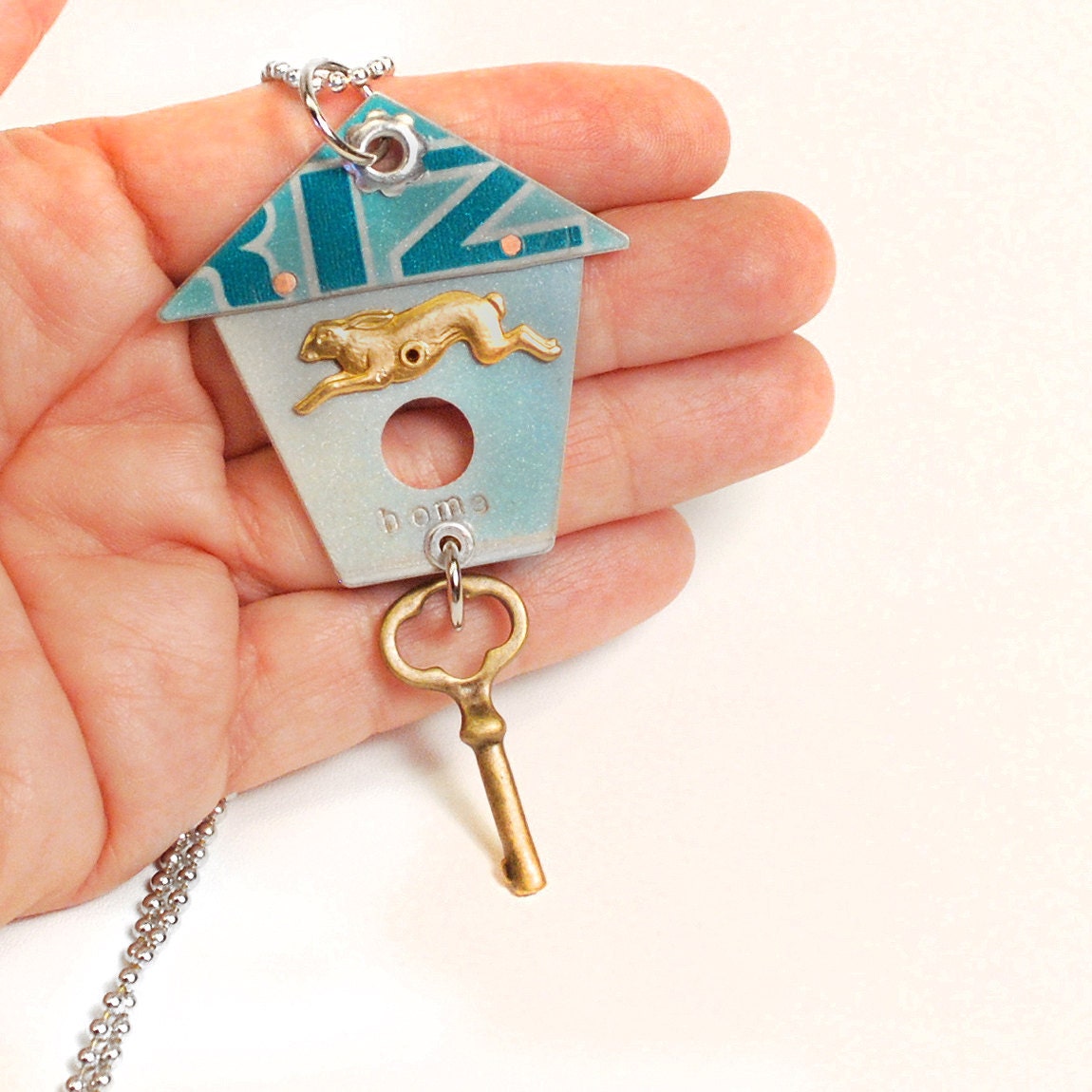Little Bird House Necklace from Recycled License Plates