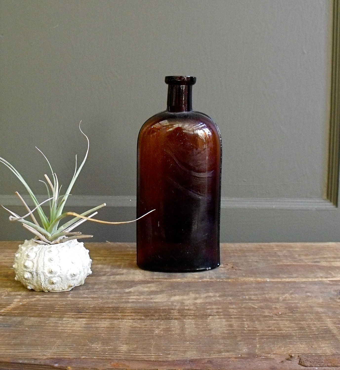Vintage Bottle : Antique  Amber Apothecary Bottle with Cork