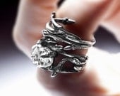 dark silver Elvish Herkimer Diamond ring: twigs and natural crystal, rock crystal - RedSofa jewelry