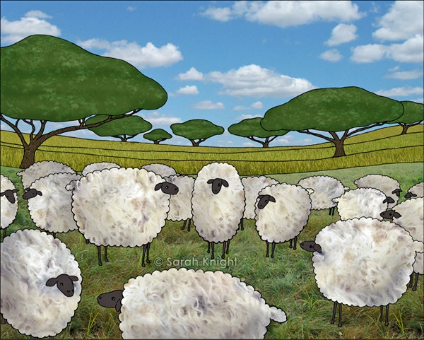 greener pasture - signed digital illustration art print 8X10 inches - sheep sky blue green landscape - sarahkdesigns